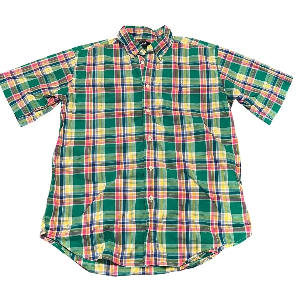 Ralph Lauren Boys Short Sleeve Plaid Preppy Button Down Size L 16/18